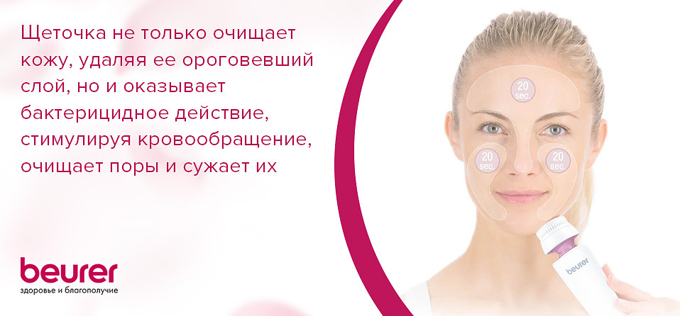 Щеточка не только очищает кожу, удаляя ее ороговевший слой, но и оказывает бактерицидное действие, стимулируя кровообращение, очищает поры и сужает их