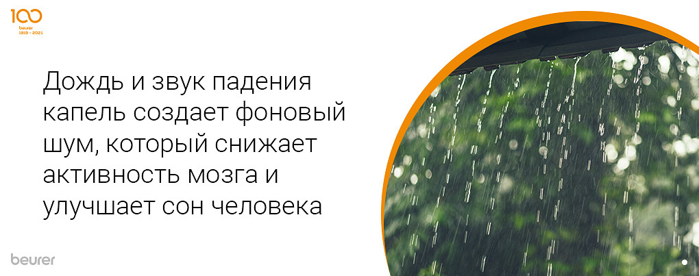 Дождь и звук падения капель создает фоновый шум, который снижает активность мозга и улучшает сон человека