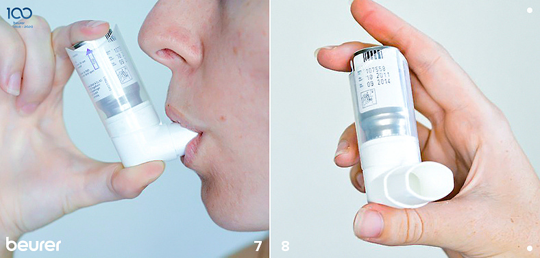 Снимите палец с флакона и достаньте ингалятор изо рта.