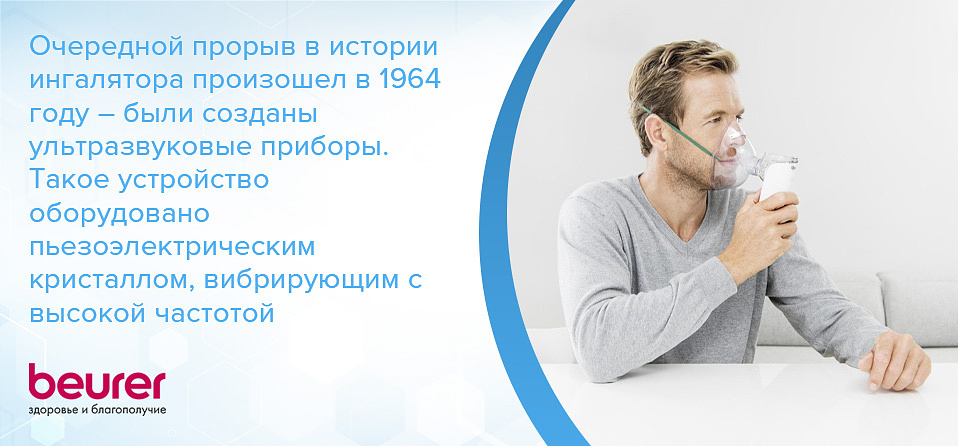 Очередной прорыв в истории ингалятора произошел в 1964 году – были созданы ультразвуковые приборы. Такое устройство оборудовано пьезоэлектрическим кристаллом, вибрирующим с высокой частотой