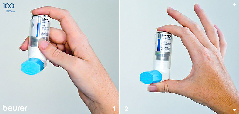 Нижнюю часть ингалятора зафиксируйте большим пальцем