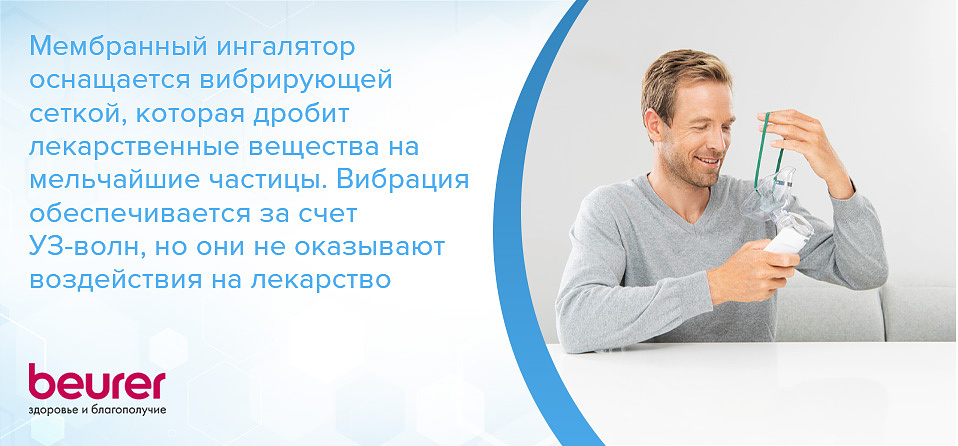 Мембранный ингалятор оснащается вибрирующей сеткой, которая дробит лекарственные вещества на мельчайшие частицы. Вибрация обеспечивается за счет УЗ-волн, но они не оказывают воздействия на лекарство Мембранный ингалятор оснащается вибрирующей сеткой, которая дробит лекарственные вещества на мельчайшие частицы. Вибрация обеспечивается за счет УЗ-волн, но они не оказывают воздействия на лекарство