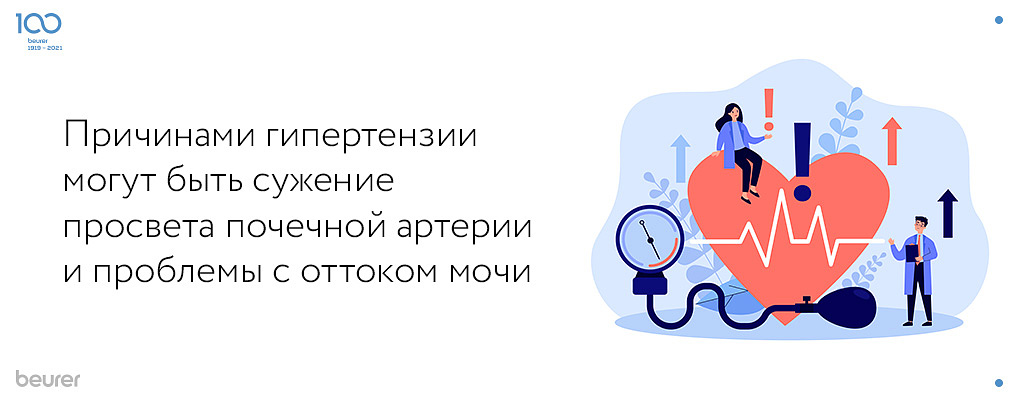 Причинами гипертензии могут быть сужение просвета почечной артерии и проблем с оттоком мочи