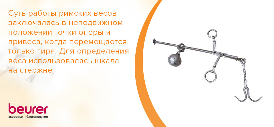 Суть работы римских весов заключалась в неподвижном положении точки опоры и привеса, когда перемещается только гиря. Для определения веса использовалась шкала на стержне