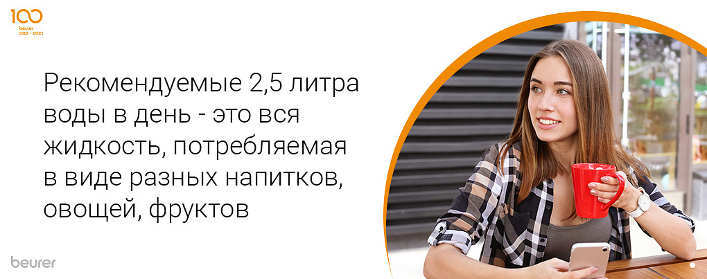 Рекомендуемые 2.5 литра в день - это вся жидкость, потребляемая в виде разных напитков, овощей, фруктов
