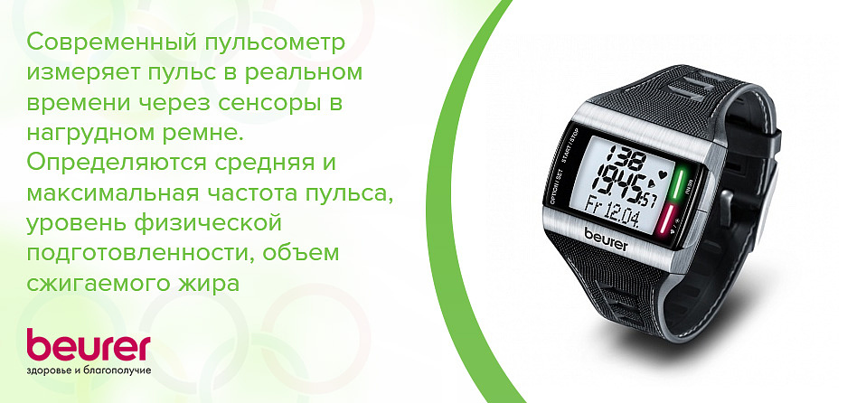 Современный пульсометр измеряет пульс в реальном времени через сенсоры в нагрудном ремне. Определяются средняя и максимальная частота пульса, уровень физической подготовленности, объем сжигаемого жира 