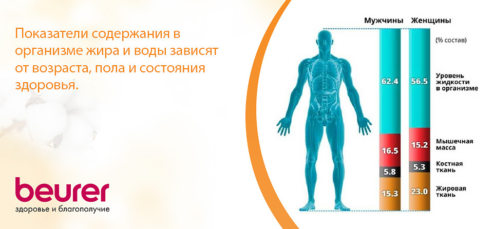 Показатели жира и воды зависят от возраста, пола и состояния здоровья. Показатели жира и воды зависят от возраста, пола и состояния здоровья.
